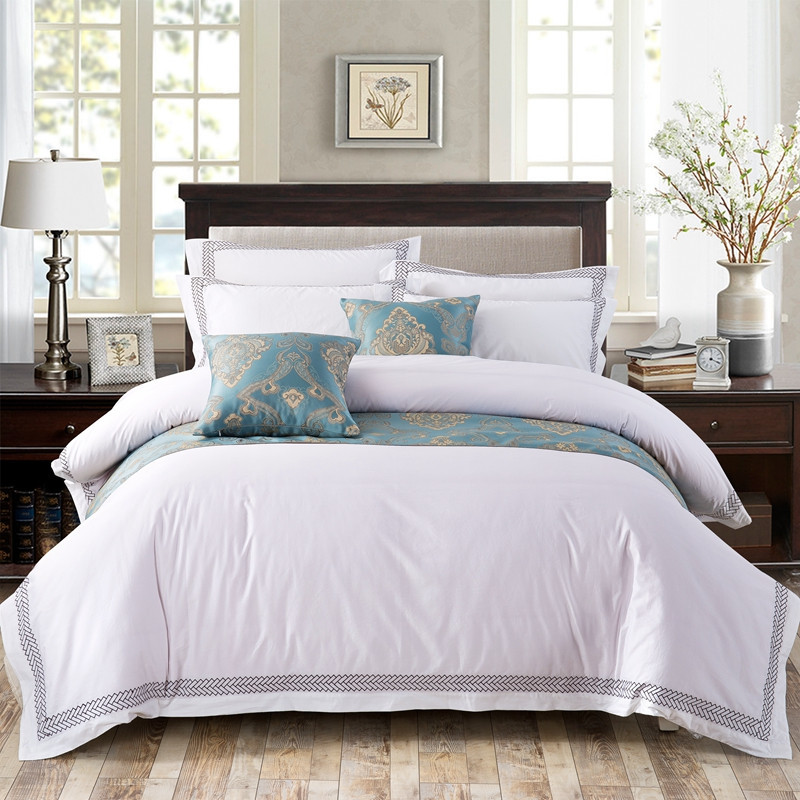 White 6080S 100% Cotton Arrow Embroidered Hotel Bedroom Bedding Sheet Set