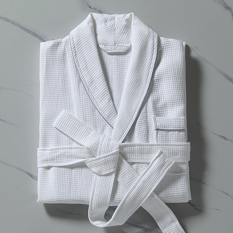100% Cotton Small Waffle Shawl Collar na May Piping Bathrobe